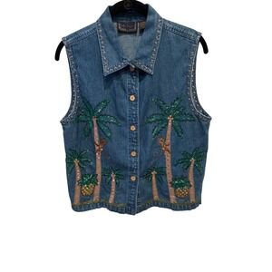 Denim Vest Life Style M Monkey Palm Tree Sequin Tropical Vacation Cruise